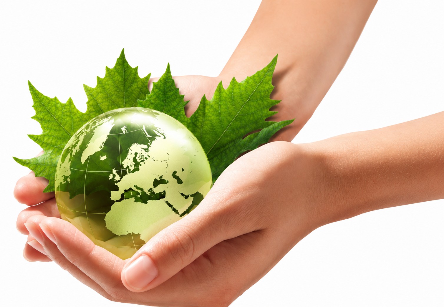 Mãos protegendo o planeta — compromisso ambiental Luxor